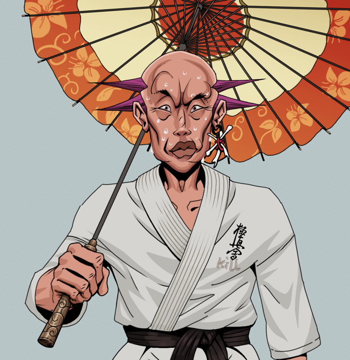 Stresshead Rin — Degen Dojo NFT art (Finger Bones, Light Grey, Degens, Student Gi, Stresshead Rin, Shirtless Runt, Dejen Mohawk, Floral Parasol, Mint)