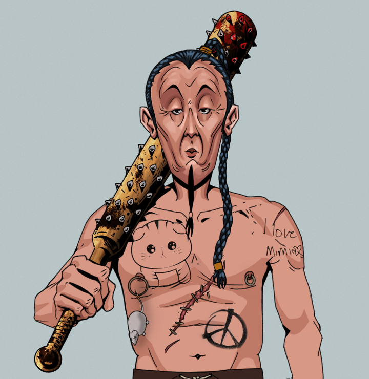 Edmundo — Degen Dojo NFT art (Shirtless Runt, Light Grey, Degens, Recovering Alcoholic, Edmundo, Braided Samurai Ponytail, Yakuza Club, Mint)
