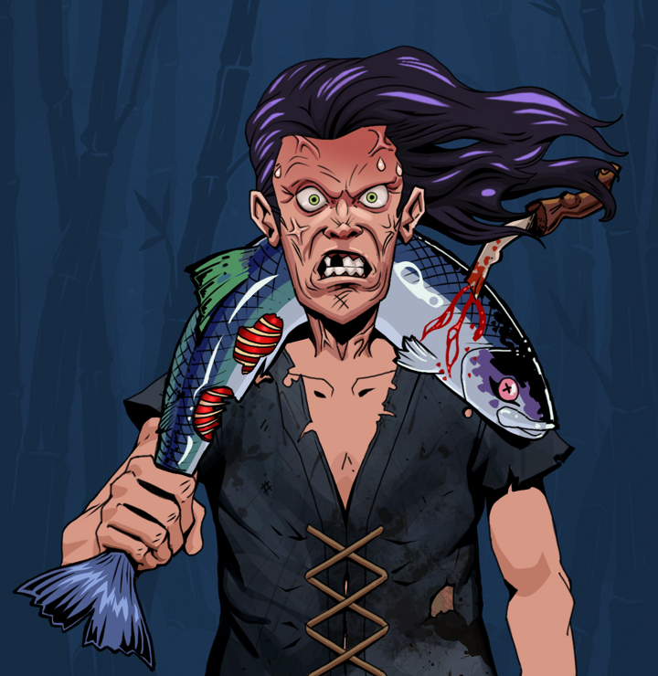 Angry Ikari — Degen Dojo NFT art (Shirtless Runt, Night Forest, Degens, Black Peasant Sack, Angry Ikari, Flowing Battousai, Dead Fish, Mint)