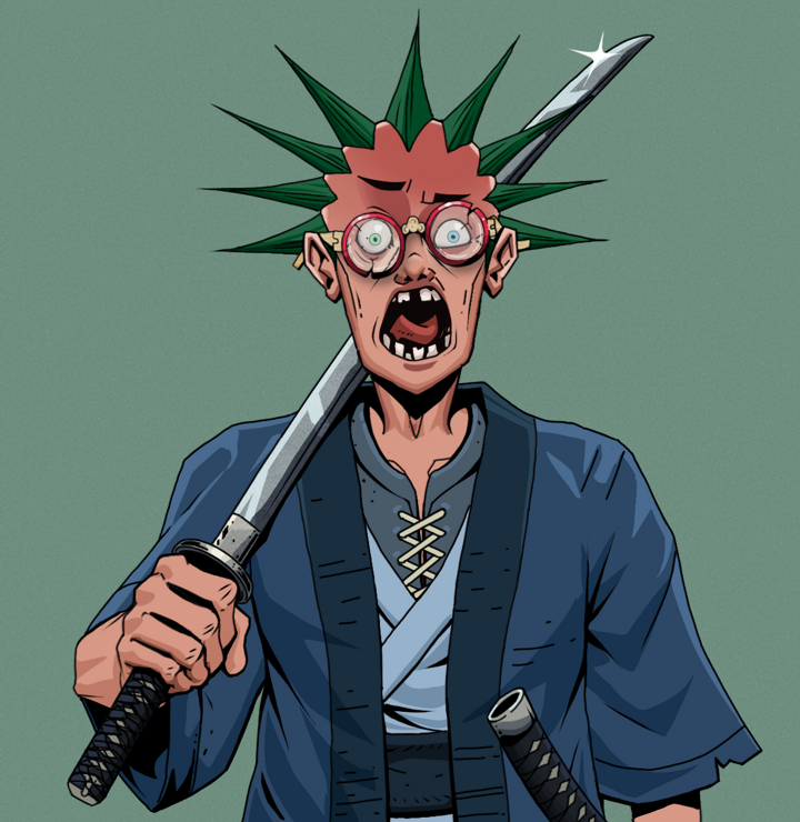 Tokuda — Degen Dojo NFT art (Shirtless Runt, Olive Green, Degens, Blue Warrior Kimono, Tokuda, Broken Glasses, Zapachi, Katana, Mint)