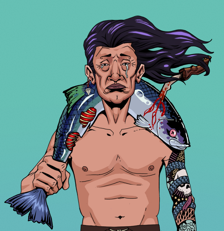 Teary Goro — Degen Dojo NFT art (Shark Tooth, Teal Daytime, Degens, Skull Sleeve, Teary Goro, Shirtless Runt, Flowing Battousai, Dead Fish, Mint)