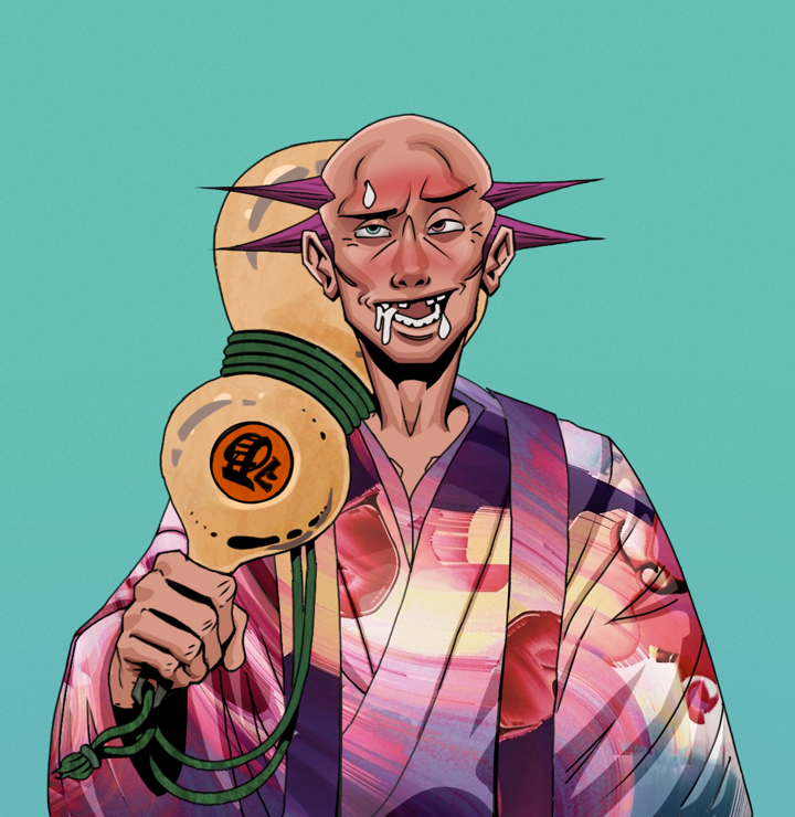 Yuuki — Degen Dojo NFT art (Shirtless Runt, Teal Daytime, Degens, Autumn Sakura Kimono, Yuuki, Dejen Mohawk, Giant Sake Bottle, Mint)