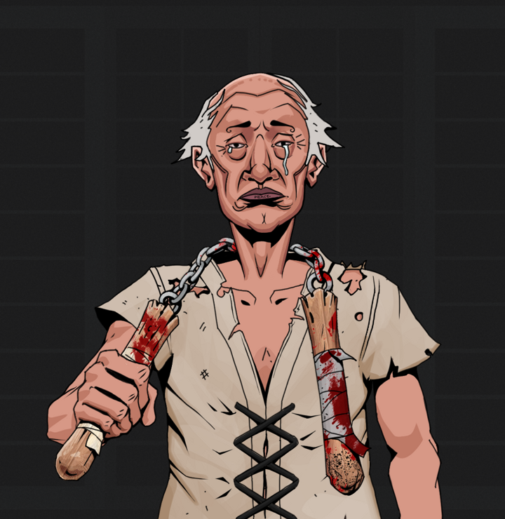 Teary Goro — Degen Dojo NFT art (Shirtless Runt, Shoji Night, Degens, Rice Sack Rags, Teary Goro, Kung Fu Master, Bloody Nunchucks, Mint)
