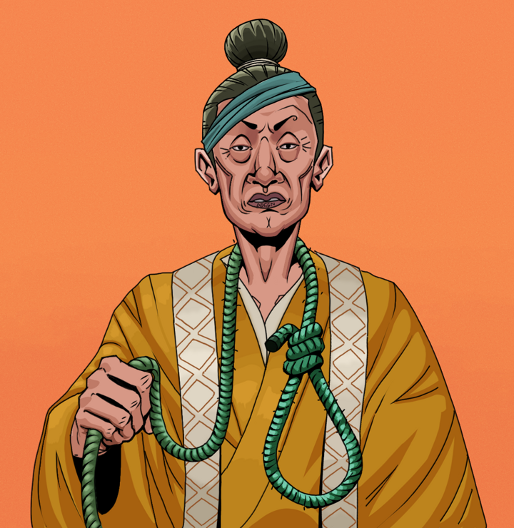 Goro — Degen Dojo NFT art (Shirtless Runt, Orange Afternoon, Degens, Ordained Dejen, Goro, Hair Bun, Noose, Mint)
