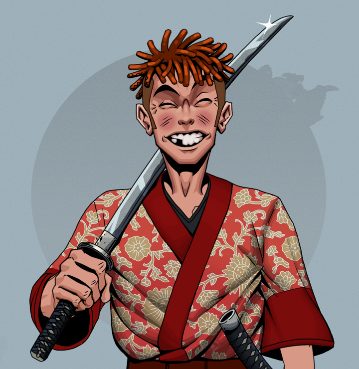 Cheery Haru — Degen Dojo NFT art (Shirtless Runt, Grey Mist, Degens, Silken Sunflower Kimono, Cheery Haru, Orange Bantu Knots, Katana, Mint)