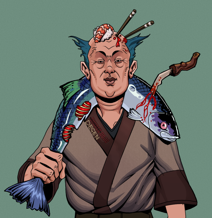 Fat Bob — Degen Dojo NFT art (Shirtless Runt, Olive Green, Degens, Degen Dojo Kimono, Fat Bob, Sushi Fight, Dead Fish, Mint)