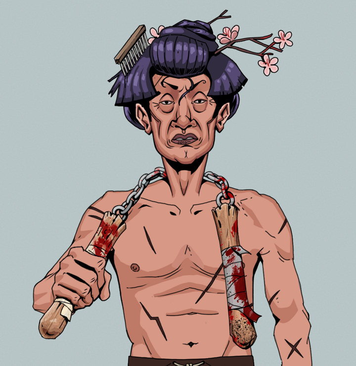 Goro — Degen Dojo NFT art (Shirtless Runt, Light Grey, Degens, Battle Scars, Goro, Disheveled Geisha, Bloody Nunchucks, Mint)