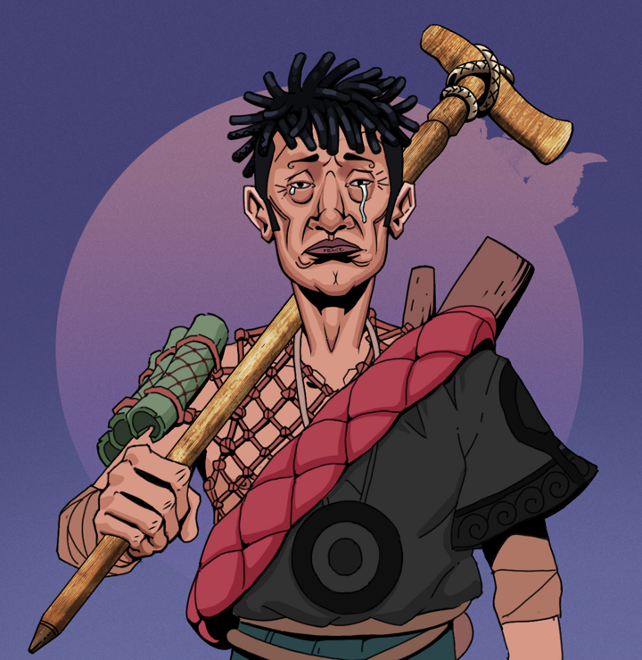 Teary Goro — Degen Dojo NFT art (Shirtless Runt, Purple Night, Degens, Village Leader, Teary Goro, Black Bantu Knots, Wooden Walking Cane, Mint)