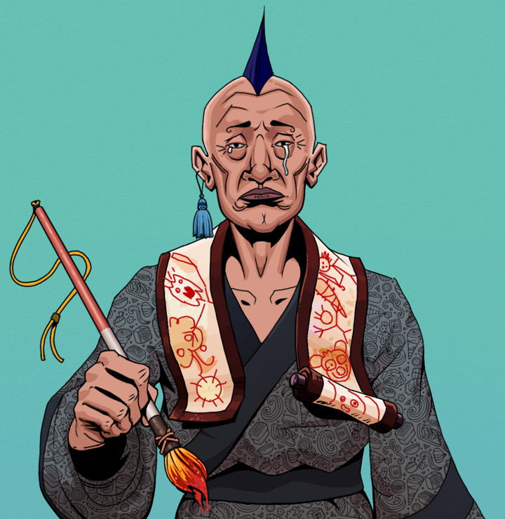 Teary Goro — Degen Dojo NFT art (Tassel, Teal Daytime, Degens, Sushi Love Loose Kimono, Teary Goro, Shirtless Runt, Mohawk Spike, Paintbrush, Mint)