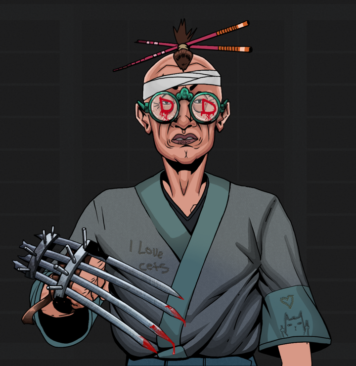 Goro — Degen Dojo NFT art (Shirtless Runt, Shoji Night, Degens, Cet Kimono, Goro, Dojo Graffiti, Hair Bun With Chopsticks, Tekko-Kagi Claws, Mint)