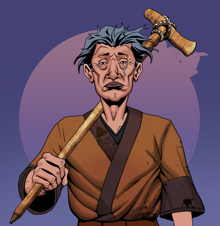 Teary Goro — Degen Dojo NFT art (Shirtless Runt, Purple Night, Degens, Poop Pride Kimono, Teary Goro, Wavy, Wooden Walking Cane, Mint)