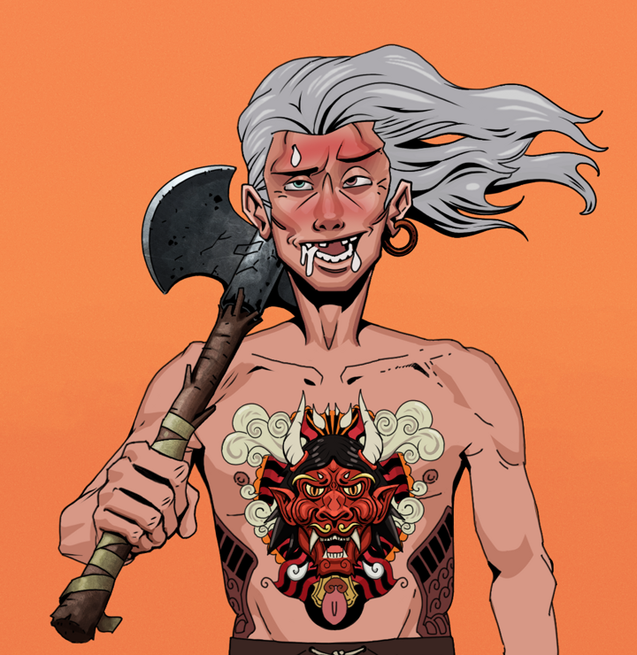 Yuuki — Degen Dojo NFT art (Wooden Loop, Orange Afternoon, Degens, Red Oni Tattoo, Yuuki, Shirtless Runt, Wise Greatness, Axe, Mint)