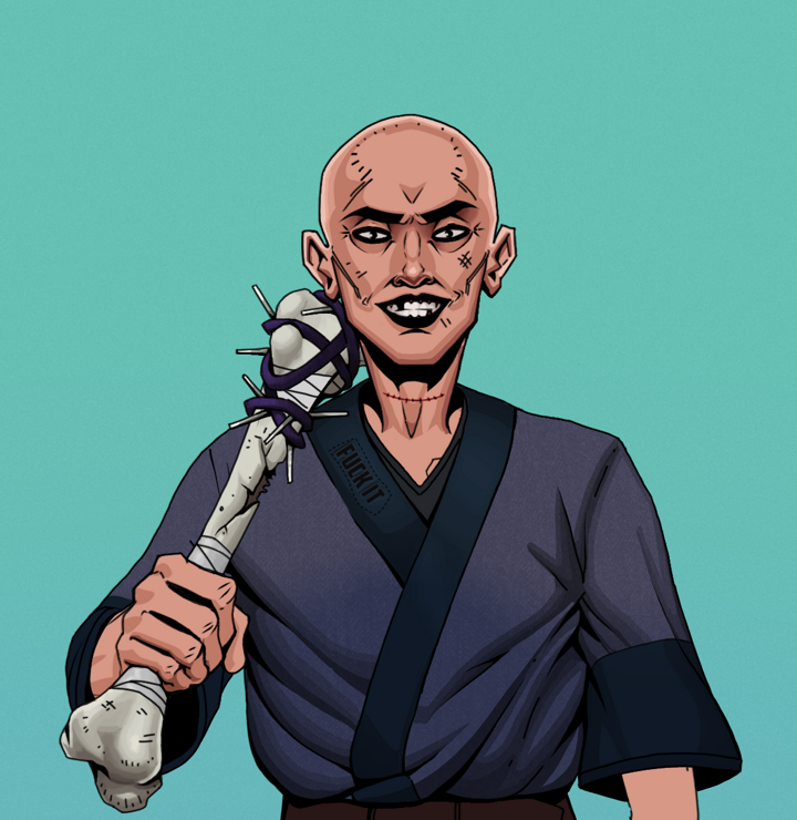Junichiro Reborn — Degen Dojo NFT art (Shirtless Runt, Teal Daytime, Degens, Fuck You Kimono, Junichiro Reborn, Bald, Spiky Femur, Mint)