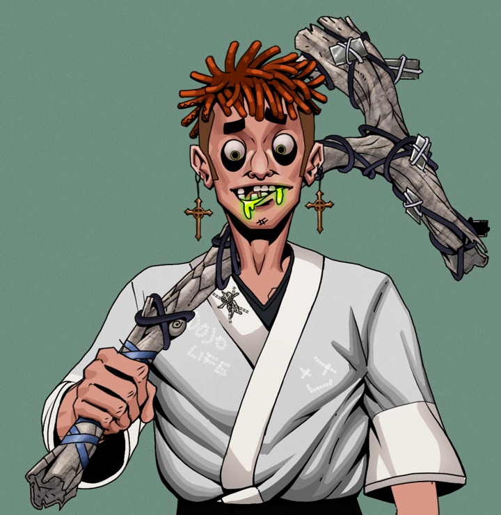 Toxic Azuma — Degen Dojo NFT art (Jesuit Crosses, Olive Green, Degens, No Honor Kimono, Toxic Azuma, Shirtless Runt, Orange Bantu Knots, Large Branch, Mint)