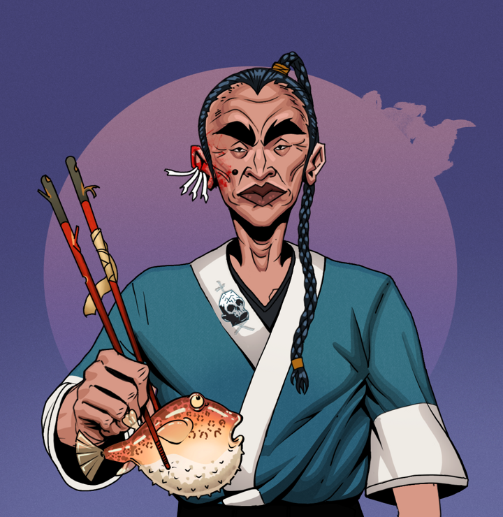Young Yuji — Degen Dojo NFT art (Chicken Bones, Purple Night, Degens, Skull Kimono, Young Yuji, Shirtless Runt, Braided Samurai Ponytail, Frightened Fugu, Mint)