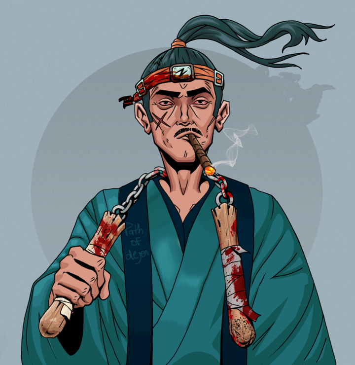 Raikou The Stoner — Degen Dojo NFT art (Shirtless Runt, Grey Mist, Degens, Dejen Apostate, Raikou The Stoner, Green Bandana, Bloody Nunchucks, Mint)