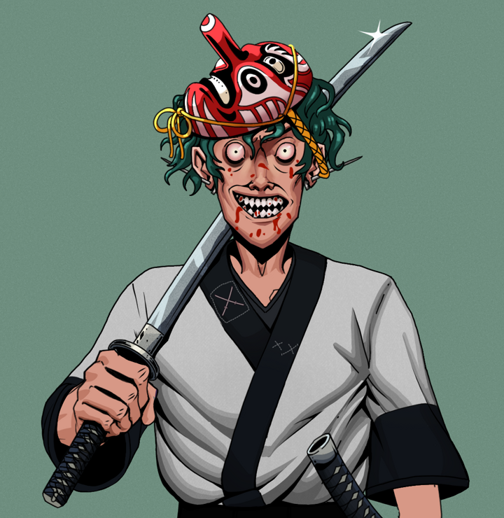 Assassin Fuzen — Degen Dojo NFT art (Nails, Olive Green, Degens, Katana Kimono, Assassin Fuzen, Shirtless Runt, Tengu Mask, Katana, Mint)