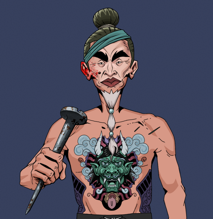 Yuji The Wise — Degen Dojo NFT art (Shirtless Runt, Blue Evening, Degens, Blue Oni Tattoo, Yuji The Wise, Hair Bun, Rusty Nail, Mint)
