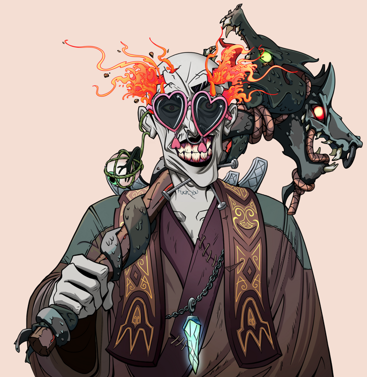 Junichiro — Degen Dojo NFT art (Shaman Eyes, Orange Afternoon, Demons, Ordained Dejen, Junichiro, Loveheart Shades, Red Heihachi, Wooden Warhammer, Mint)