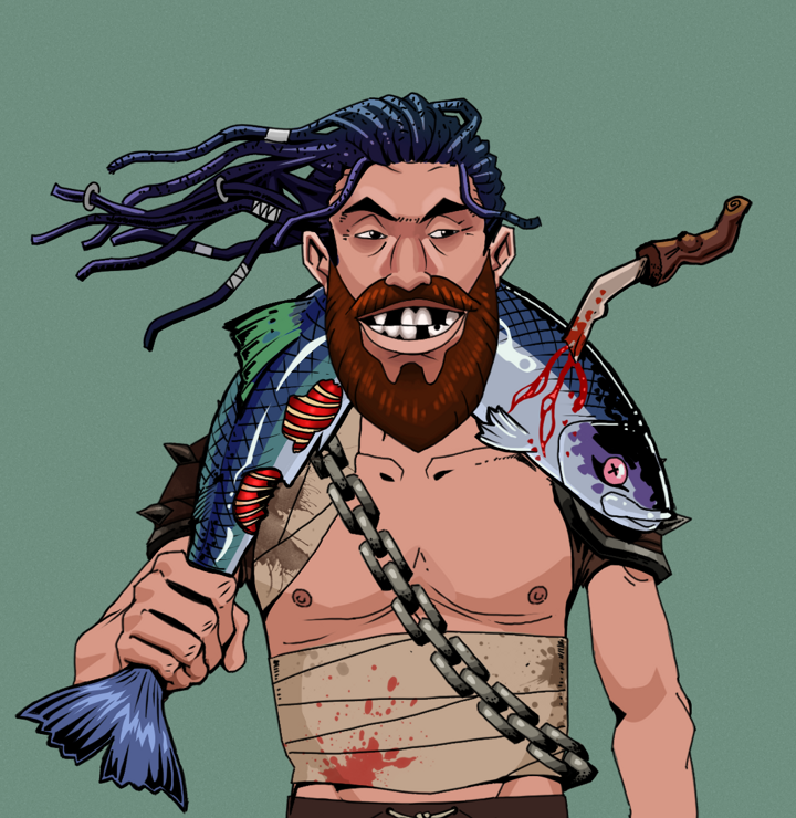Igor The Bear — Degen Dojo NFT art (Shirtless Runt, Olive Green, Degens, Mercenary, Igor The Bear, Flowing Dreads, Dead Fish, Mint)