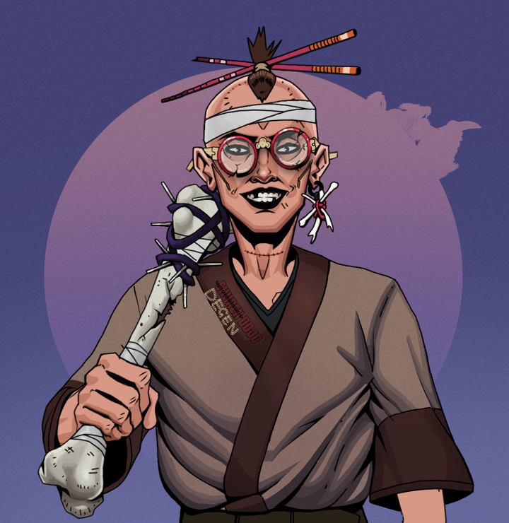 Junichiro Reborn — Degen Dojo NFT art (Finger Bones, Purple Night, Degens, Degen Dojo Kimono, Junichiro Reborn, Broken Glasses, Hair Bun With Chopsticks, Spiky Femur, Mint)