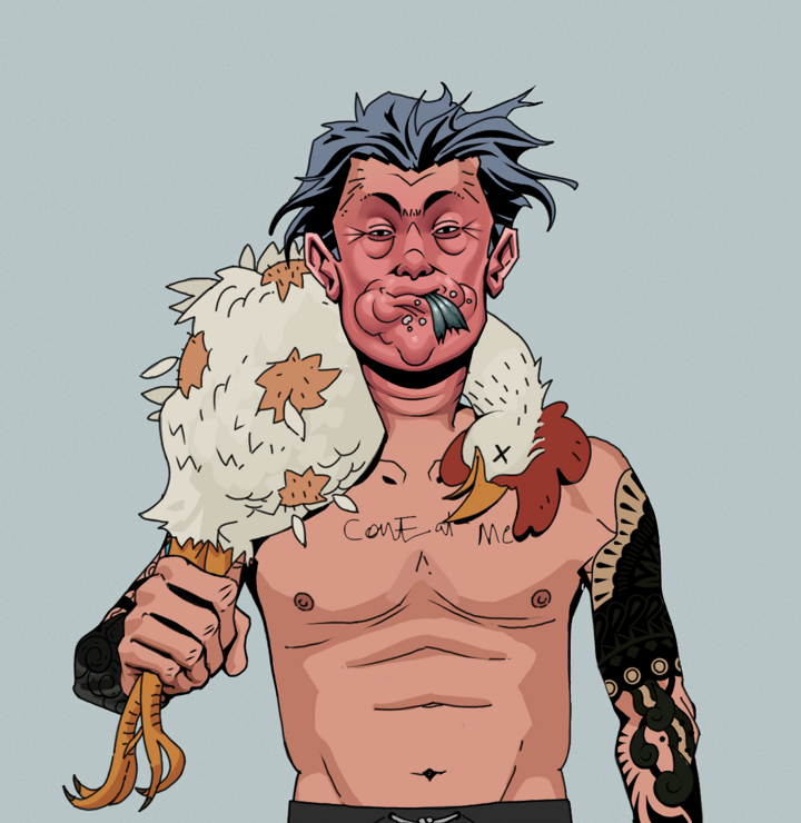 Fatty Bobsticks — Degen Dojo NFT art (Shirtless Runt, Light Grey, Degens, Black Yakuza Sleeves, Fatty Bobsticks, Wavy, Chicken, Mint)