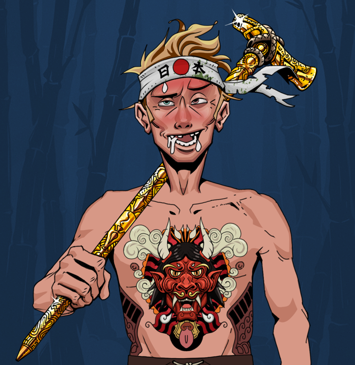 Yuuki — Degen Dojo NFT art (Shirtless Runt, Shoji Night, Degens, Red Oni Tattoo, Yuuki, Karate Headband, Golden Walking Cane, Mint)
