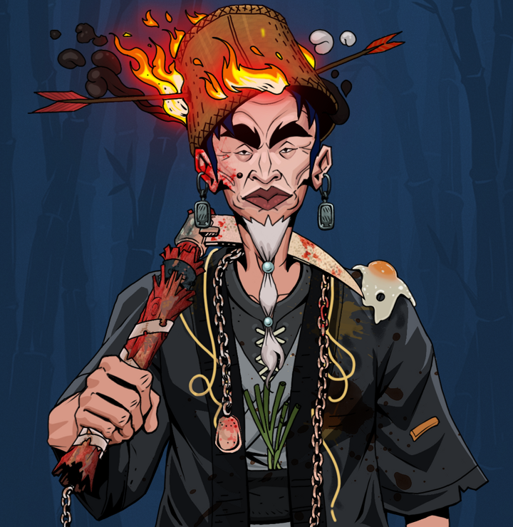 Yuji The Wise — Degen Dojo NFT art (Iron Earrings, Night Forest, Degens, Glutton Fight, Yuji The Wise, Shirtless Runt, Burning Basket, Rusty Kusarigama, Mint)