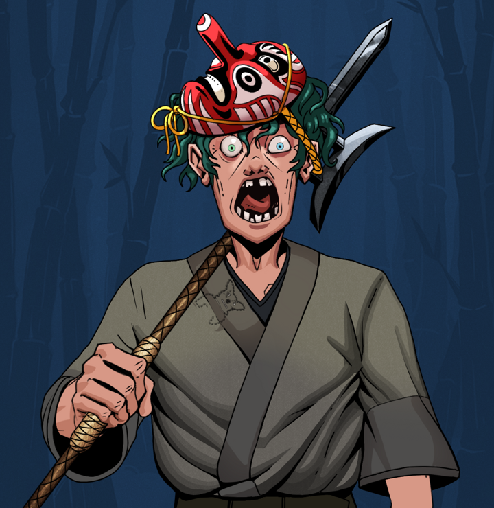 Tokuda — Degen Dojo NFT art (Shirtless Runt, Night Forest, Degens, Puppy Kimono, Tokuda, Tengu Mask, Bishamon Yari, Mint)