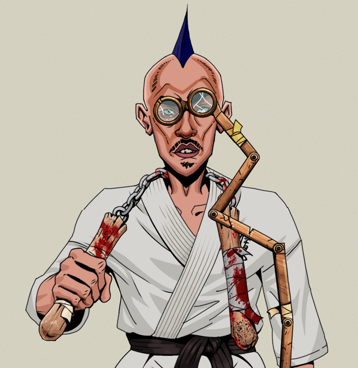 Gloomy Masumi — Degen Dojo NFT art (Shirtless Runt, Warm Grey, Degens, Student Gi, Gloomy Masumi, Telescopic Glasses, Mohawk Spike, Bloody Nunchucks, Mint)