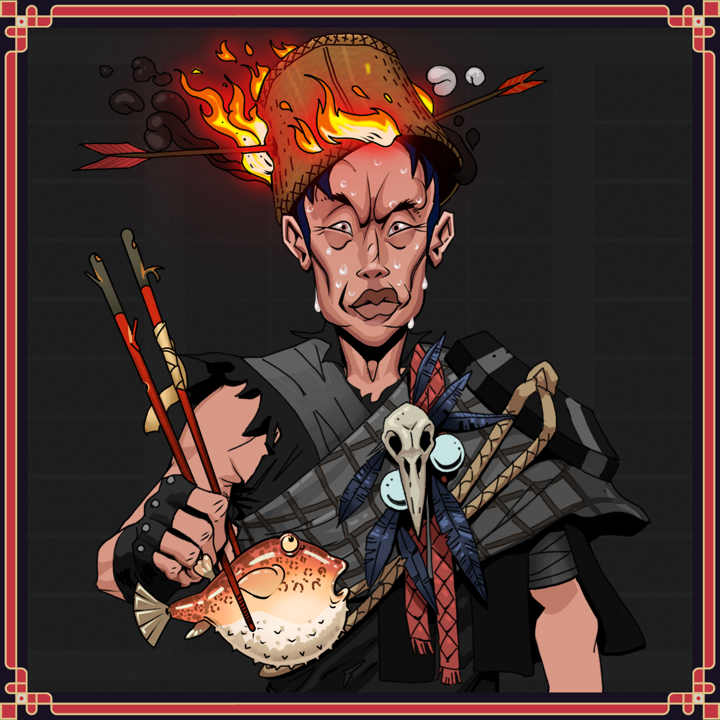 Stresshead Rin — Degen Dojo NFT art (Shirtless Runt, Shoji Night, Stresshead Rin, Bird Shaman, Degen, Burning Basket, Thrusting Lion Trap, Frightened Fugu, Framed)