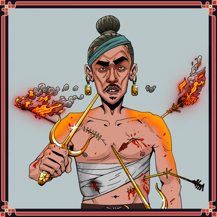Gloomy Masumi — Degen Dojo NFT art (Gold Earrings, Light Grey, Gloomy Masumi, Bloody Mess, Degen, Shirtless Runt, Hair Bun, Crimson Quick Tickle, Golden Sai, Framed)
