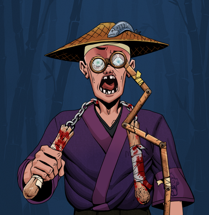 Tokuda — Degen Dojo NFT art (Shirtless Runt, Night Forest, Degens, Money Kimono, Tokuda, Telescopic Glasses, Wide Kasa Fisherman, Bloody Nunchucks, Mint)