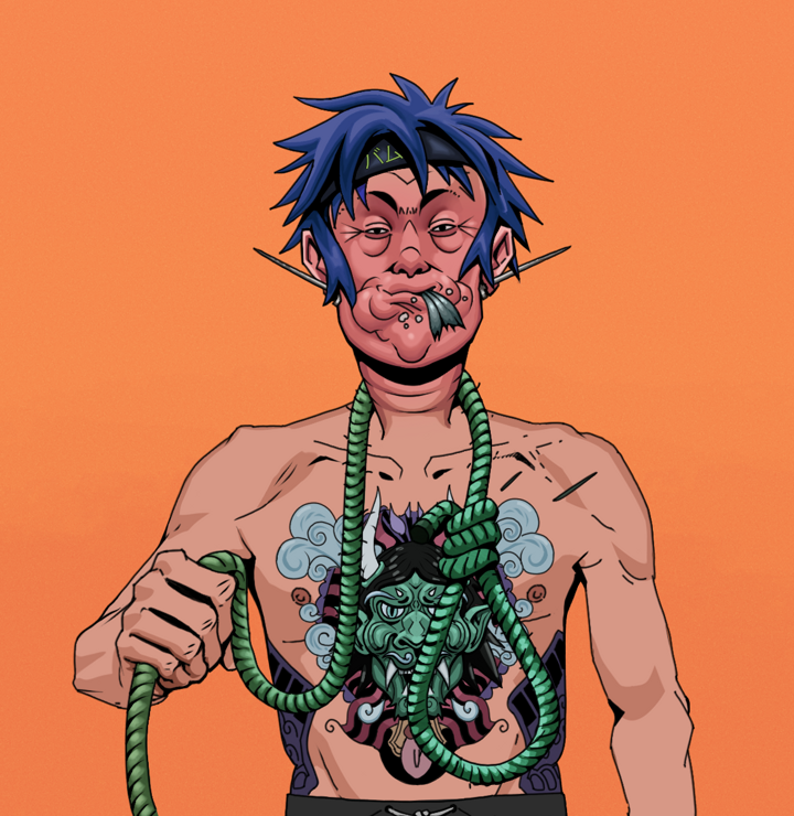 Fatty Bobsticks — Degen Dojo NFT art (Nails, Orange Afternoon, Degens, Blue Oni Tattoo, Fatty Bobsticks, Shirtless Runt, Bum Headband Ruffian, Noose, Mint)