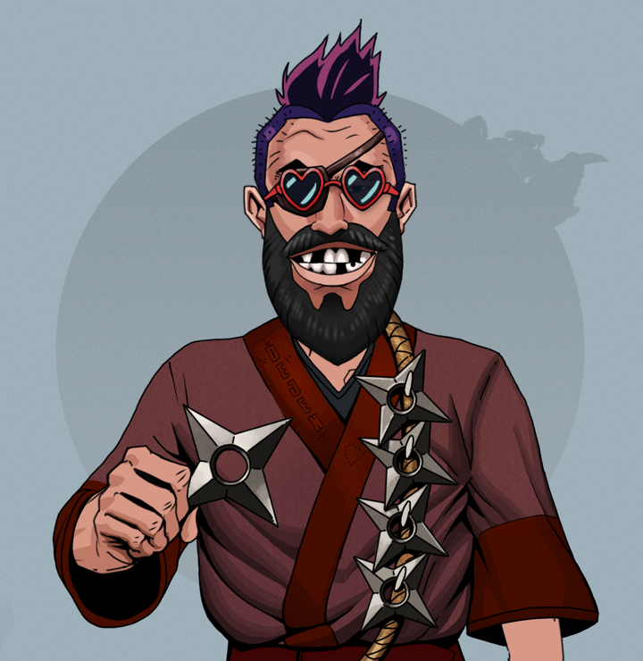 Igor The Veteran — Degen Dojo NFT art (Shirtless Runt, Grey Mist, Degens, Proud Dejen Kimono, Igor The Veteran, Loveheart Shades, Yakuza Hooligan, Shuriken Belt, Mint)