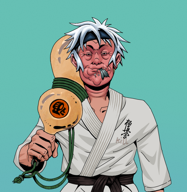 Fatty Bobsticks — Degen Dojo NFT art (Shirtless Runt, Teal Daytime, Degens, Student Gi, Fatty Bobsticks, White Ruffian, Giant Sake Bottle, Mint)