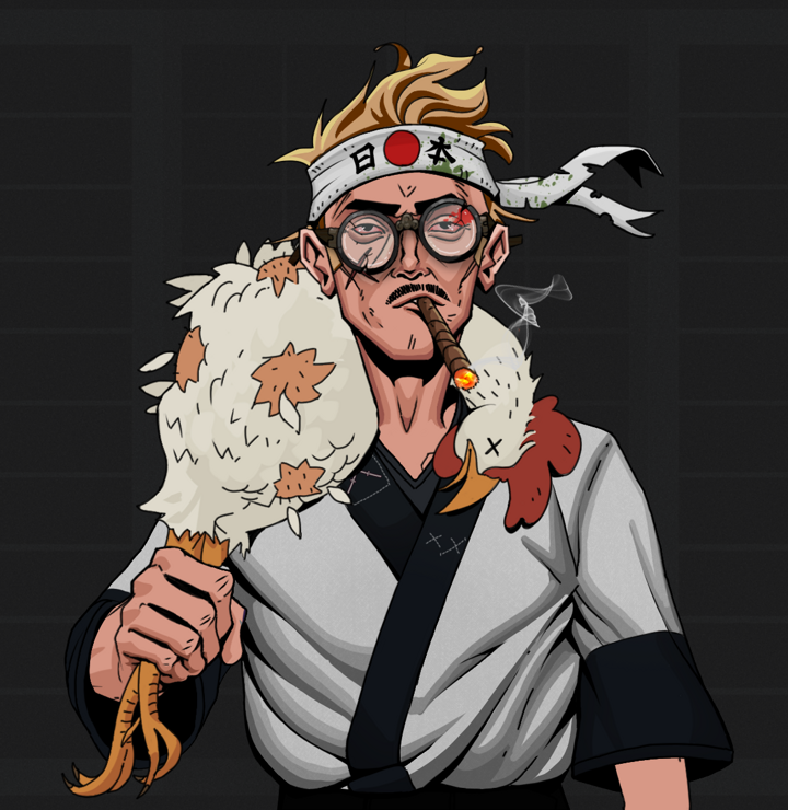 Raikou The Stoner — Degen Dojo NFT art (Shirtless Runt, Shoji Night, Degens, Katana Kimono, Raikou The Stoner, Bloodied Glasses, Karate Headband, Chicken, Mint)