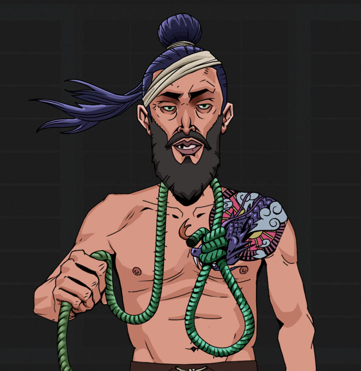 Serious Oleg — Degen Dojo NFT art (Shirtless Runt, Shoji Night, Degens, Dragon Head Tattoo, Serious Oleg, Long Flowing, Noose, Mint)