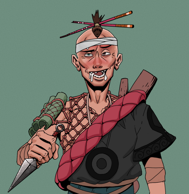 Yuuki — Degen Dojo NFT art (Shirtless Runt, Olive Green, Degens, Village Leader, Yuuki, Hair Bun With Chopsticks, Kunai, Mint)