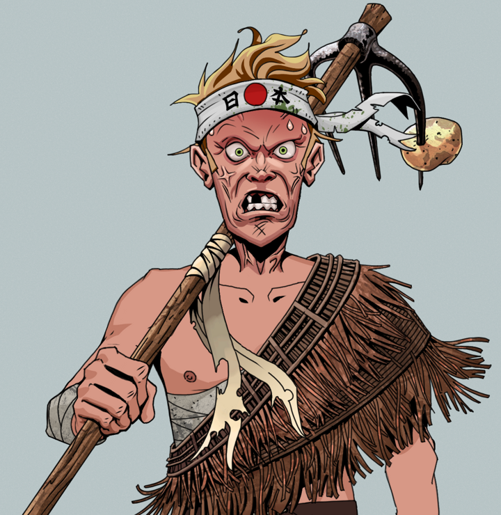 Angry Ikari — Degen Dojo NFT art (Shirtless Runt, Light Grey, Degens, Dried Straw, Angry Ikari, Karate Headband, Farmers Hoe, Mint)