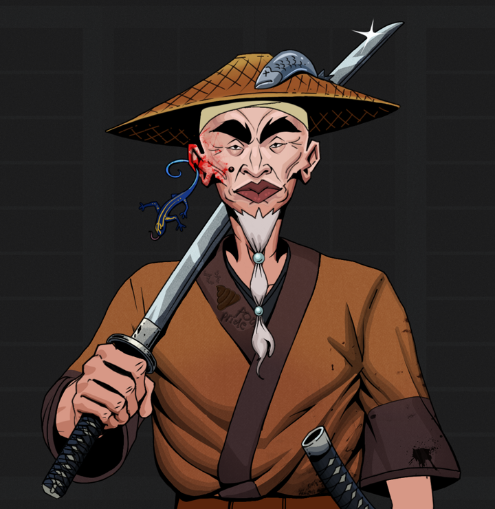Yuji The Wise — Degen Dojo NFT art (Lizard, Shoji Night, Degens, Poop Pride Kimono, Yuji The Wise, Shirtless Runt, Wide Kasa Fisherman, Katana, Mint)