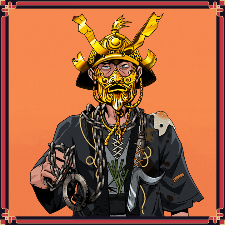 Yuuki — Degen Dojo NFT art (Shirtless Runt, Orange Afternoon, Yuuki, Glutton Fight, Degen, Golden Kabuto, Breathing Fang Headbutt, Heavy Kyoketsu, Framed)
