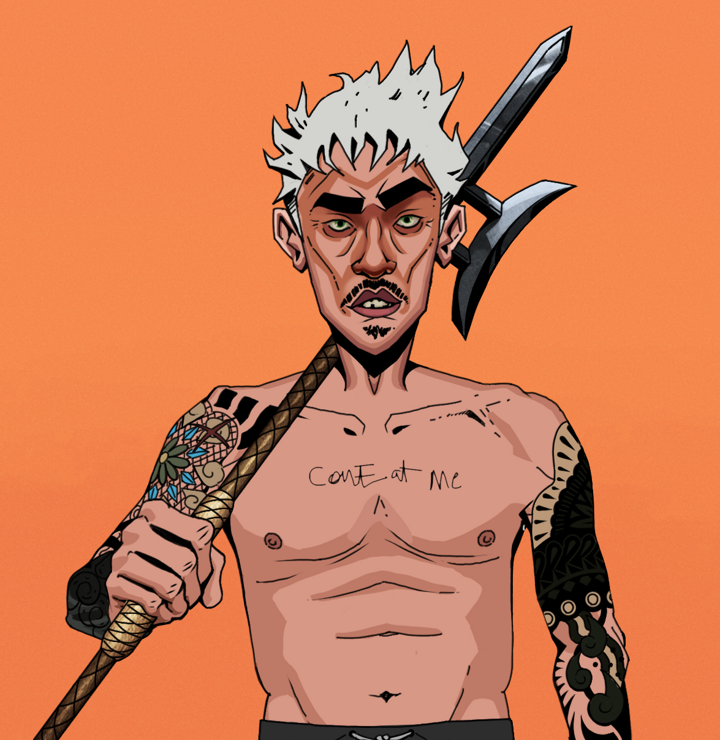 Gloomy Masumi — Degen Dojo NFT art (Shirtless Runt, Orange Afternoon, Degens, Black Yakuza Sleeves, Gloomy Masumi, Short Spiky Grey, Bishamon Yari, Mint)