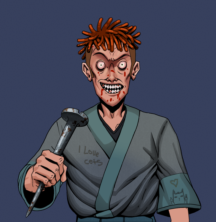 Assassin Fuzen — Degen Dojo NFT art (Shirtless Runt, Blue Evening, Degens, Cet Kimono, Assassin Fuzen, Orange Bantu Knots, Rusty Nail, Mint)