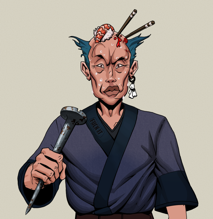 Stresshead Rin — Degen Dojo NFT art (Foes Teeth, Warm Grey, Degens, Fuck You Kimono, Stresshead Rin, Shirtless Runt, Sushi Fight, Rusty Nail, Mint)