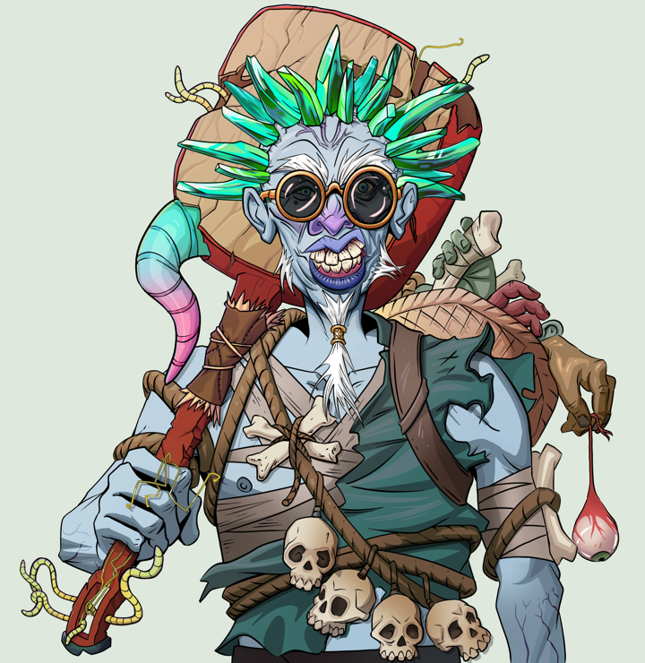 Yuji The Wise — Degen Dojo NFT art (Shirtless Runt, Olive Green, Demons, Farmer, Yuji The Wise, Dark Spectacles, Zapachi, Shamisen, Mint)