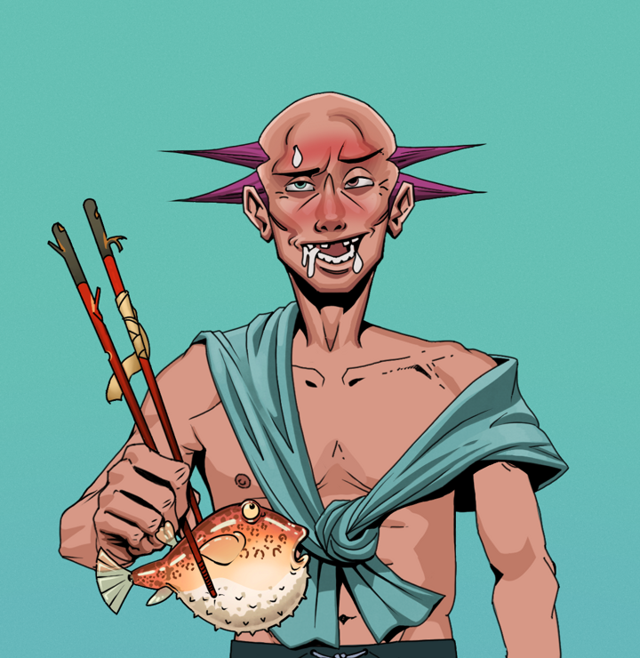 Yuuki — Degen Dojo NFT art (Shirtless Runt, Teal Daytime, Degens, Queeny Chic, Yuuki, Dejen Mohawk, Frightened Fugu, Mint)