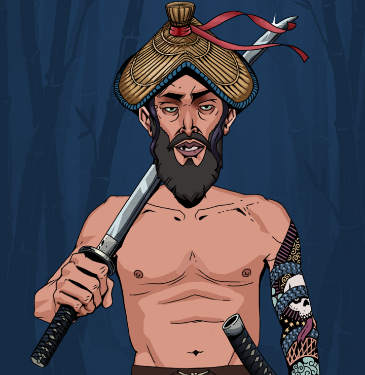 Serious Oleg — Degen Dojo NFT art (Shirtless Runt, Night Forest, Degens, Skull Sleeve, Serious Oleg, High Straw Rice Hat, Katana, Mint)