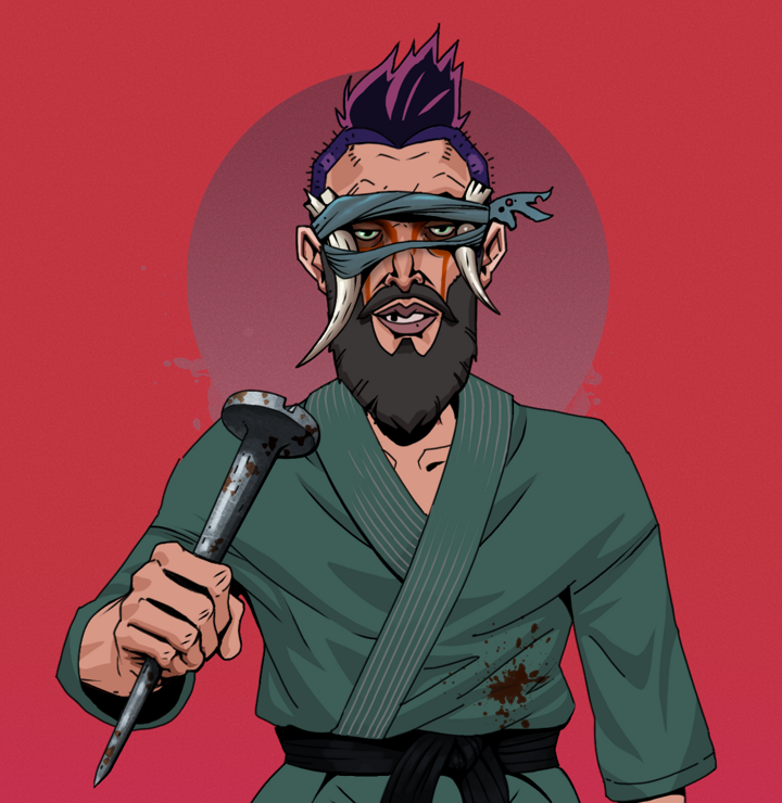 Oleg Of War — Degen Dojo NFT art (Shirtless Runt, Red High Moon, Degens, Fight Gi, Oleg Of War, Tied Horns, Yakuza Hooligan, Rusty Nail, Mint)