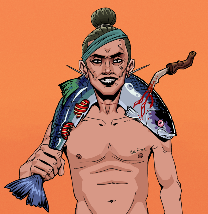 Junichiro Reborn — Degen Dojo NFT art (Nails, Orange Afternoon, Degens, Nudey Freak, Junichiro Reborn, Shirtless Runt, Hair Bun, Dead Fish, Mint)